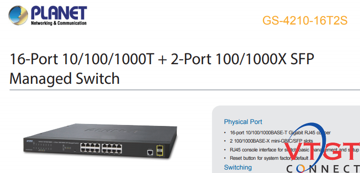 Switch Planet 16 cổng GS-4210-16T2S + SFP