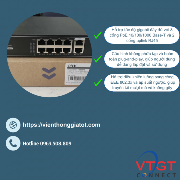 Switch POE 8 cổng 10/100/1000M POE +2 cổng uplink ONV-H3108PS 