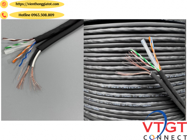 Dây cáp tín hiệu CAT6 kèm nguồn dài 305m/cuộn, -Ancomteck ACT- 6LAN2C-305BK  